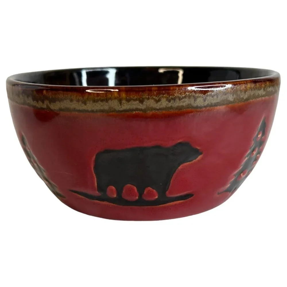 2 Woodland Home Studio Red Ceramic Cereal Bowls Bear & Pine Tree Design‎ Soup